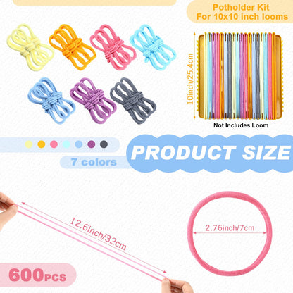 Daifunli 600 Pcs 10 Inch Potholder Loom Loop Bulk Weaving Loop Craft Kit Colorful Flexible Potholder Loom Complete Kit to Weave 18 Large, Refill Elastic Weaving for DIY Crafts Supplies(Bright Color)
