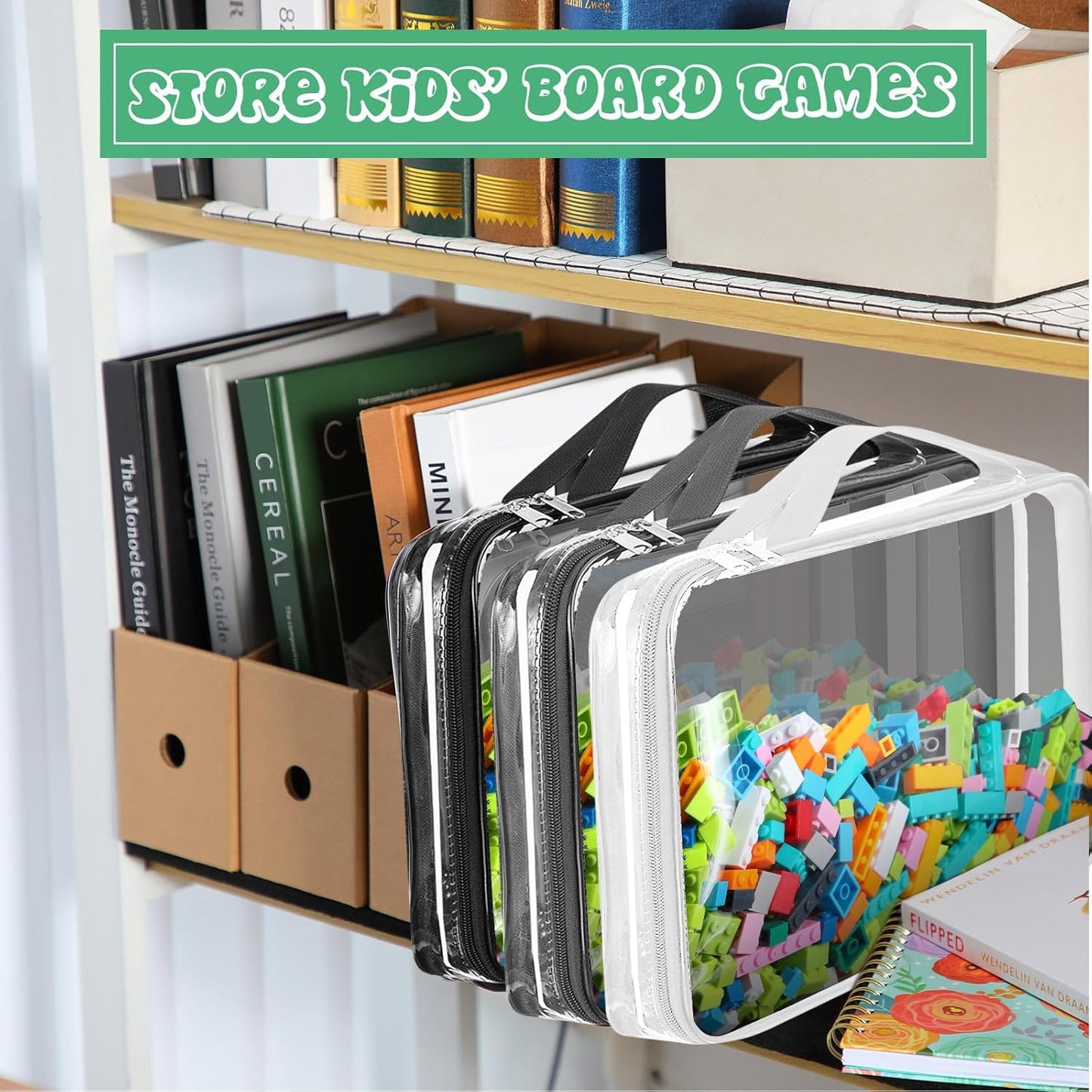 Sanwuta 3 Packs Toy Storage Bags with Zipper, Clear PVC Organizing Bags for Board Games and Kids Books (Black, White,