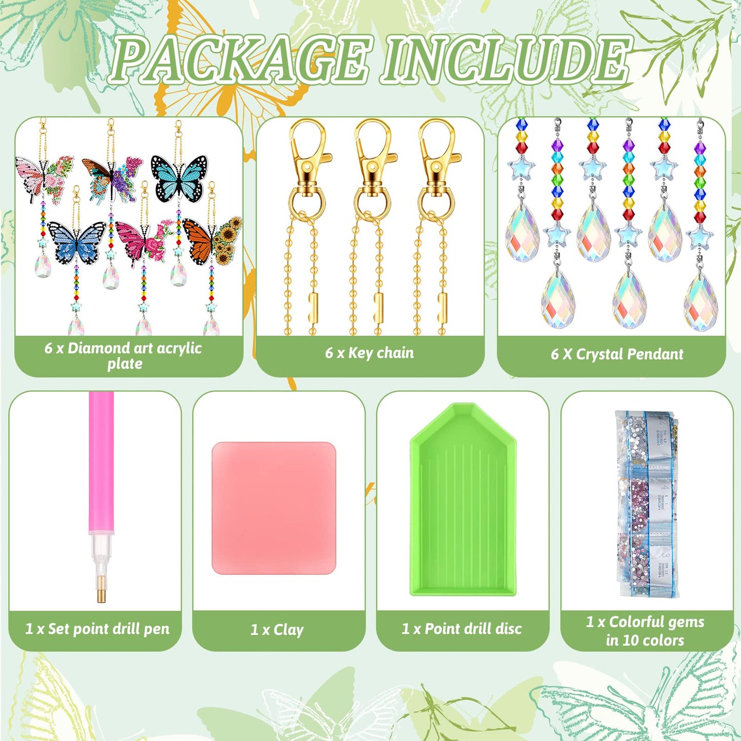 Tradder 6 Pcs Butterfly Diamond Art Wind Chimes Kits, Summer Tree Decor 5d Diamond Art Painting Ornaments with Crystal Pendant Garden Decor, Butterfly Kit, Keychains Crafts for Adults