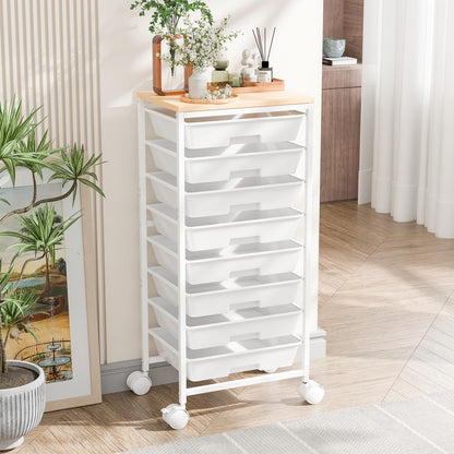 Ekisemio Rolling Cart with 8 Drawers, Storage Drawers Cart with Wooden Tabletop and Lockable Wheels, Utility Cart for Living Room, Office, Classroom, Craft Room, White