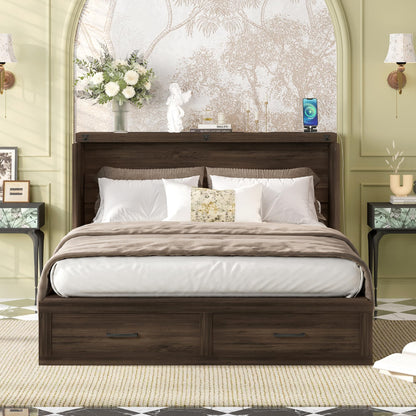 Ball & Cast Murphy Bed Queen,Farmhouse Hideaway Cabinet Bed with Charging Station and Large Storage Drawer,Foldable Wall Murphy Beds w/Slat Support,Space-Saving Furniture for Study,Office,Rustic Gray