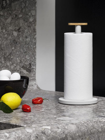 Alessi Mattina BG05 WG - Design Kitchen Roll Holder, in Colored Steel with Epoxy Resin and Knob in Bamboo Wood, Warm Gray