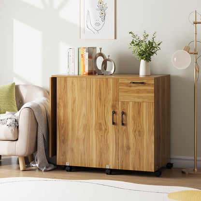 Garvee Folding Sewing Machine Table with Storage Shelves and Sliding Drawer, Rolling Side Desk for Sewing Machine, Craft Station with Lockable Wheels for Home, Bedroom, Small Spaces, Brown