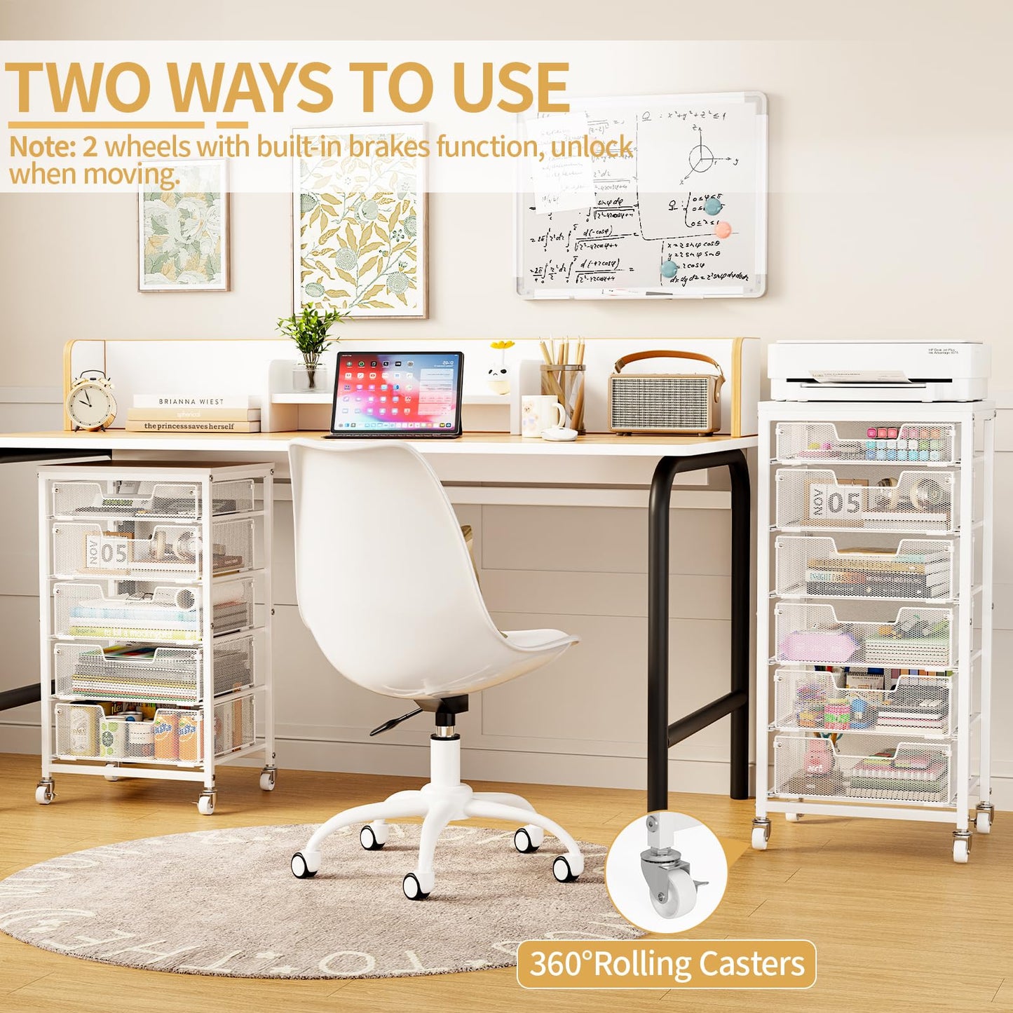 Sbanmao 6 Drawers Rolling Utility Cart, Rolling Storage Cart with Wooden Tabletop, Storage Drawer Cart on Lockable Wheels, Craft Cart for Bedroom, Classroom, Office, White