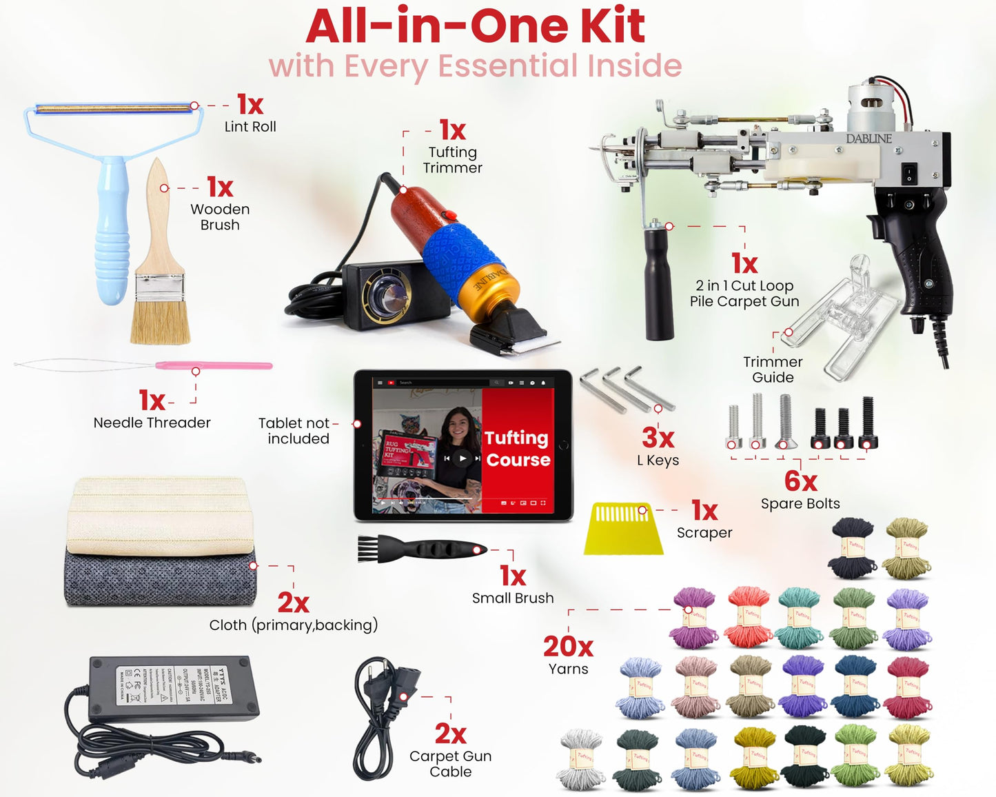Dabline Rug Tufting Kit – Rug Making Kit with 2-in-1 Cut & Loop Tufting Gun, Complete Tufting Kit, Cloth, Backing, Carpet Trimmer, 20 Color Yarns, Tools & Accessories for Rug Tufting Projects