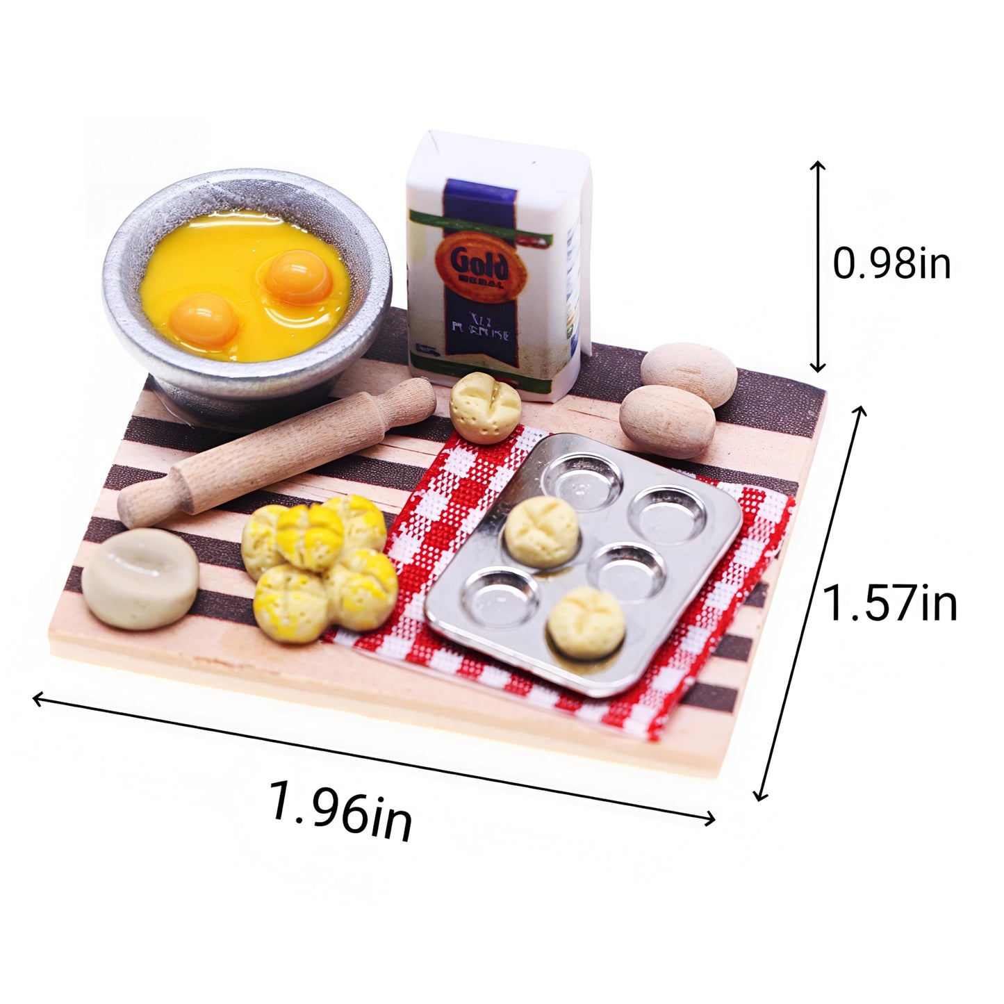 Miniature Dollhouse Kitchen Baking Set with Rolling Pin, Mixing Bowl, Bread Molds, Checkered Mat, Food Preparation Board, Photography Props