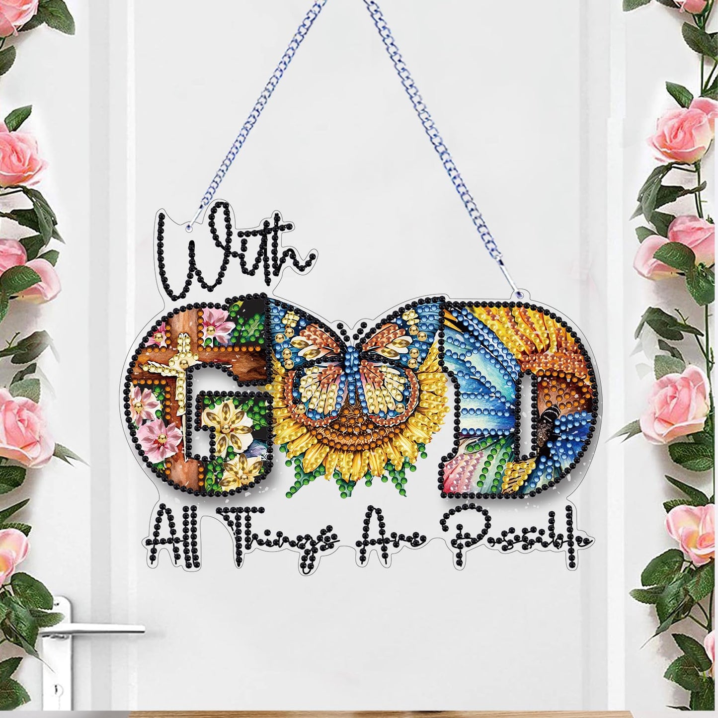 STGLCR DIY Butterfly Hanging Diamond Art Kit God, Acrylic Diamonds Painting Pendant Board Kit, 5D Gem Art Ornament Kit for Adults, Double Sided 7.8inch with God All Thing are Possible