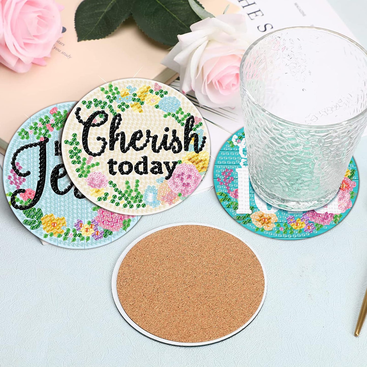 8 PCS Christian Bible Verse DIY Farmhouse Coasters Kit with Holder - Christian Present for Beginners, Adults, Kids - Diamond Art Crafts Supplies