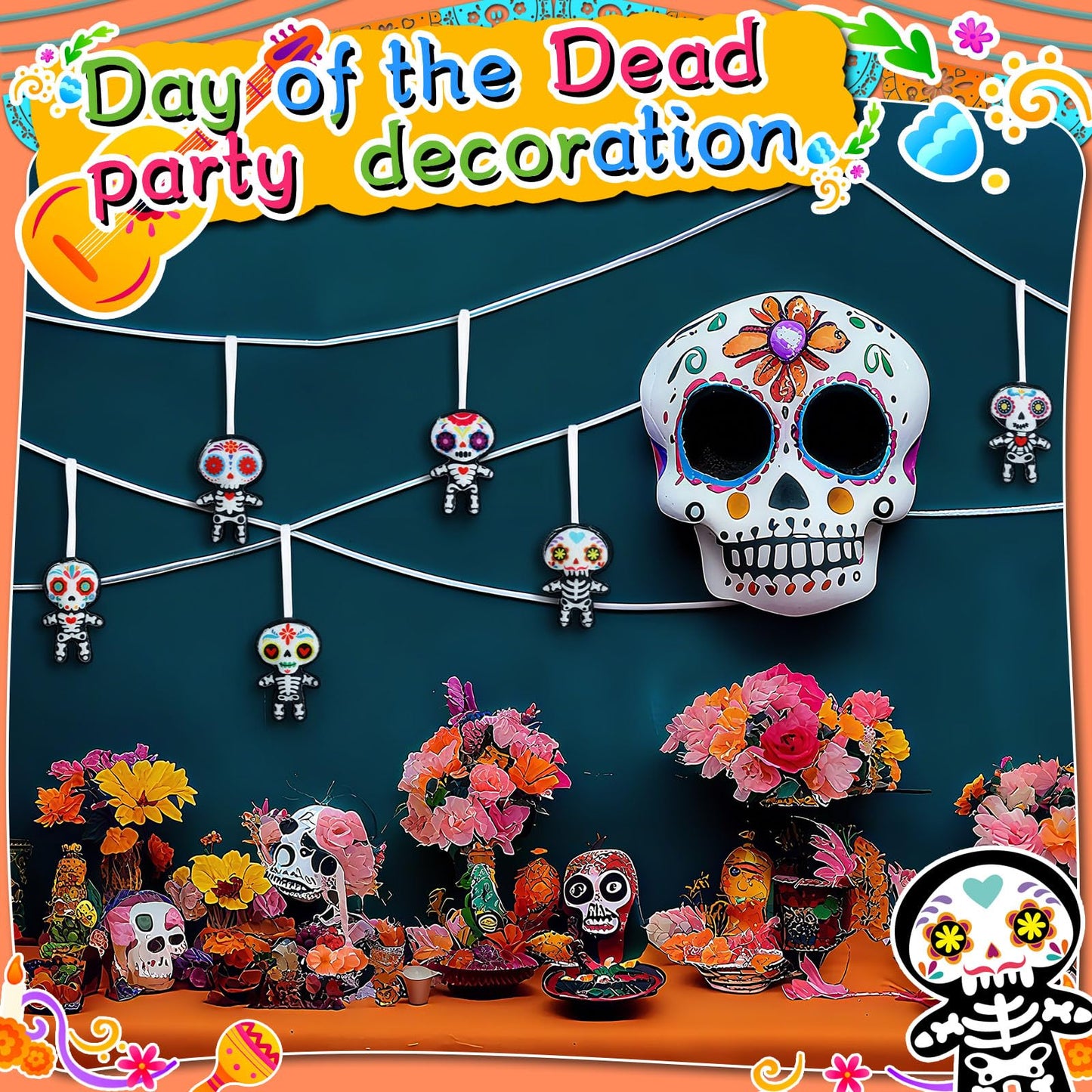 Remagr 24 Pcs Dia De Los Muertos Felt Ornaments, Mexcian Skeleton Halloween Ornaments for Day of The Dead Themed Party School Bags Indoor Outdoor Tree Hanging Decorations (Skull)