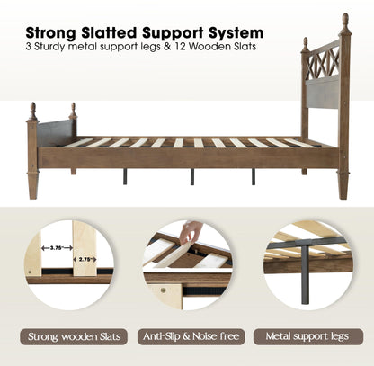 King Size Solid Wood Bed Frame, Platform Bed with Headboard & Footboard, 12 Heavy-Duty Slatted Base with Metal Legs, No Box Spring Needed, Noise-Free & Anti-Slip, Easy Assembly, Barnwood Finish RIK-30