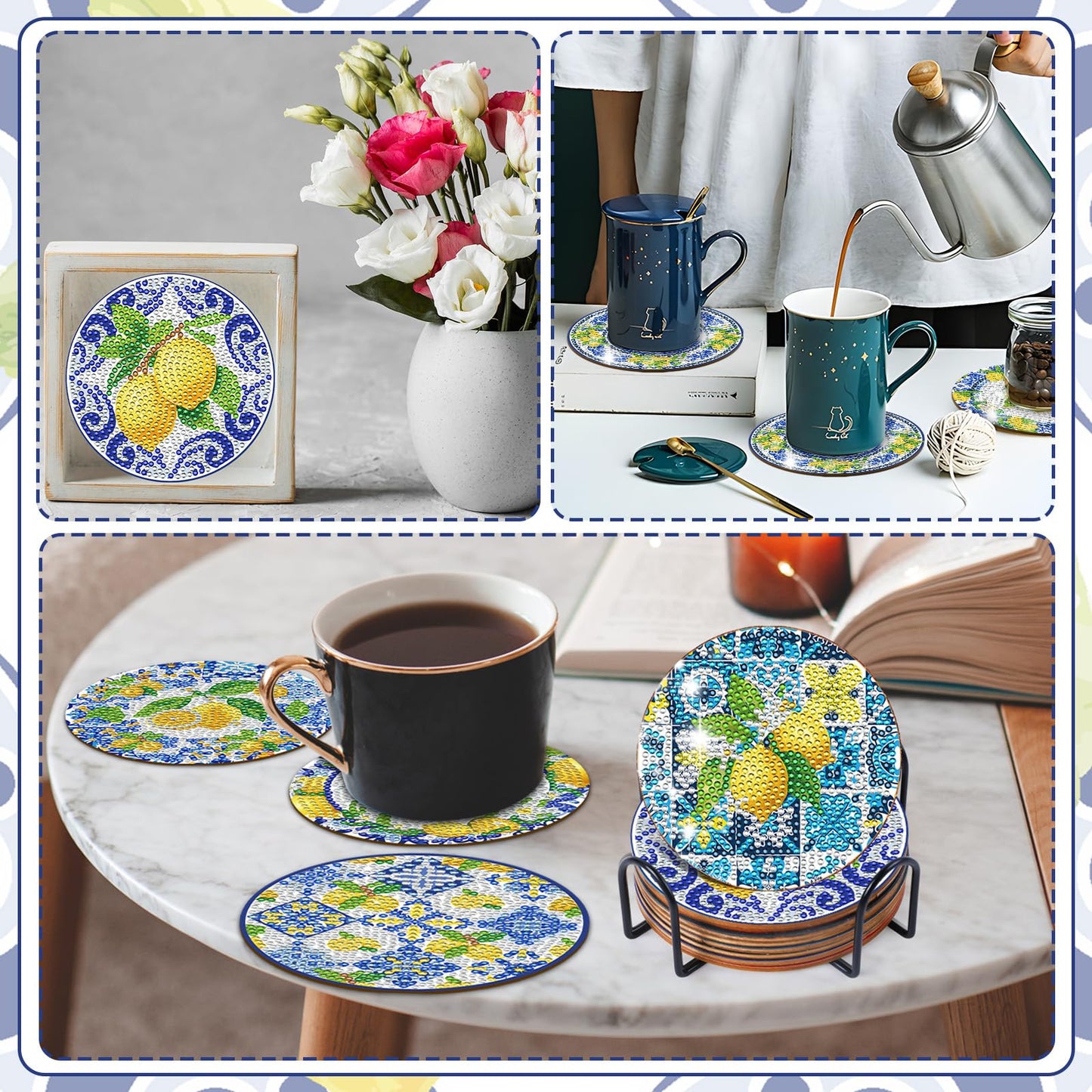 Lemon Diamond Art Coasters - 8 Pcs Diamond Painting Coasters Kit, Amalfi Coast Italy Souvenirs Rhinestone Gem Art Craft Kit for Adult Women