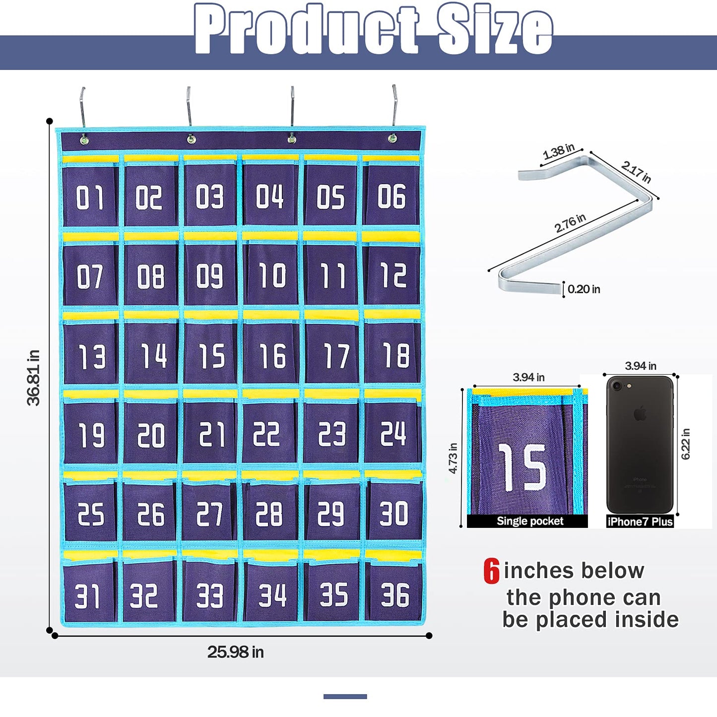 Loghot Classroom Accessories Closet Pocket Chart for Cell Phones Holder Wall Door Hanging Organizer (36 Pockets Blue)