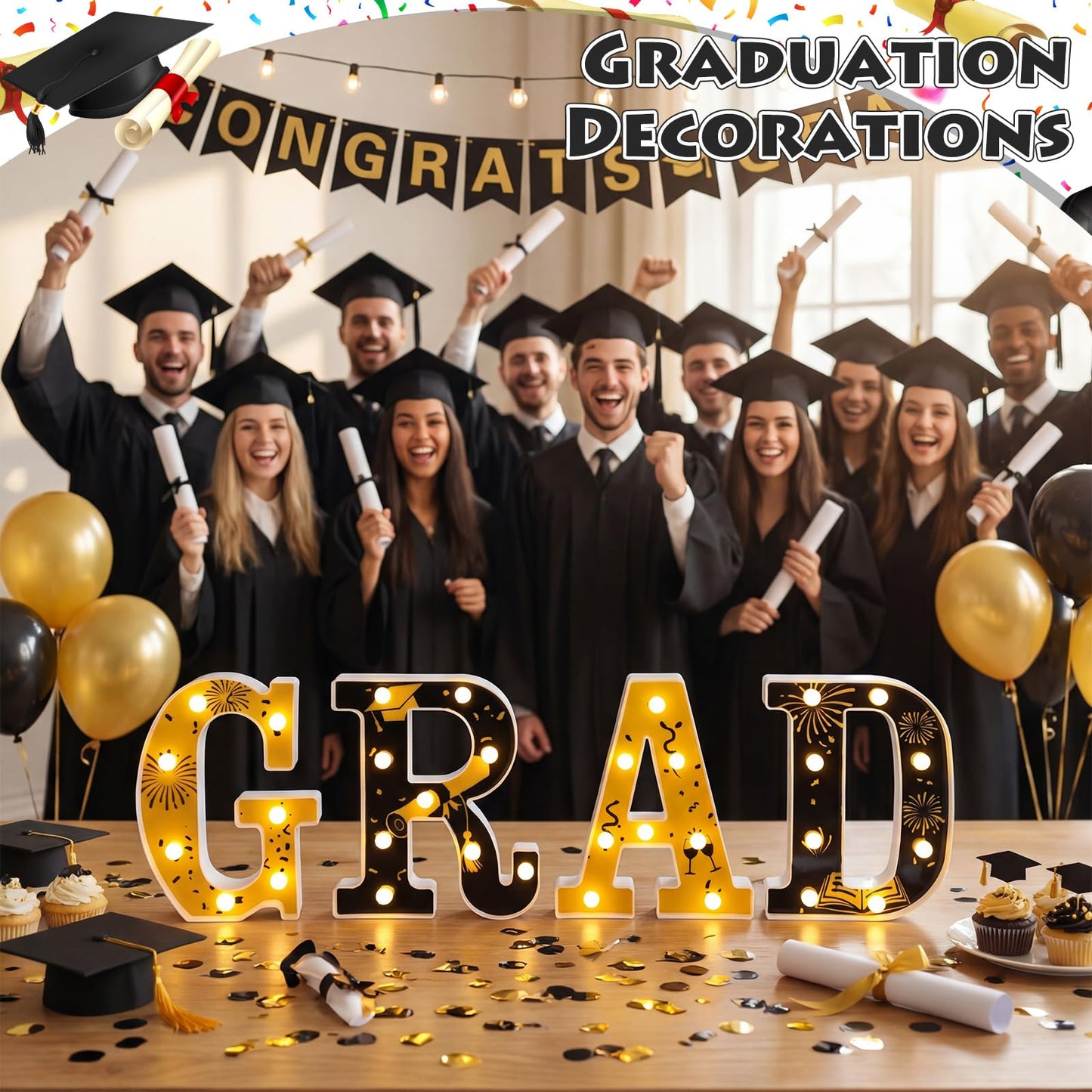 Wettal 2026 Grad Light up Letters for Table, Graduation Party Decorations LED Marquee Grad Letter Lights Sign 8.7 Inches Black and Gold Graduation Centerpieces Ornaments, Batteries Not Included
