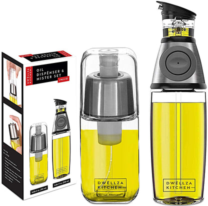 DWËLLZA KITCHEN Olive Oil Dispenser Bottle For Kitchen & Sprayer For Cooking - 2 In 1 Glass 17 Oz. Cooking Oil/Syrup Dispenser With Measurements & 6 Oz. Spray Bottle Set