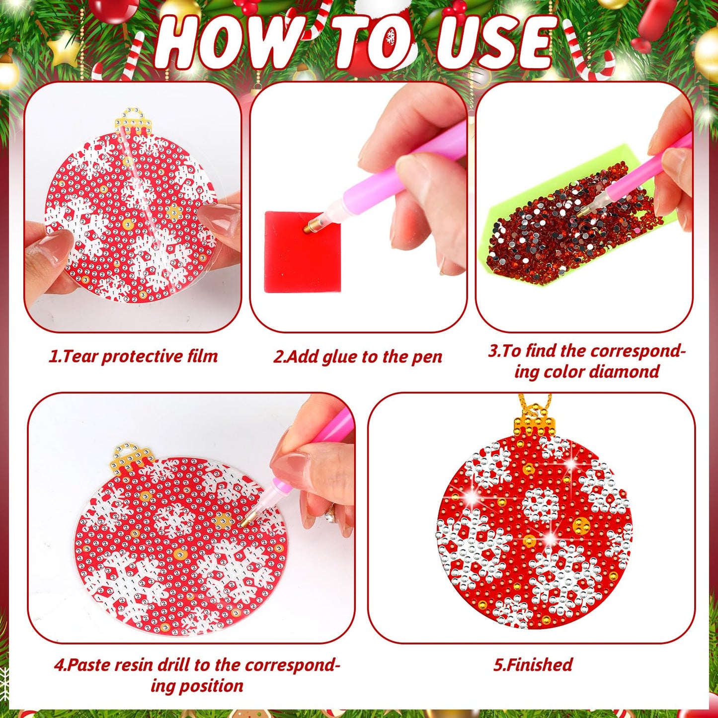 Yuntau 20 Pcs Christmas Ball Diamond Art Ornaments Red Green Diamond Painting Keychain 5d Xmas Tree Hanging Ornaments DIY Christmas Kits for Adults Crafts Holiday Party Decor(Ball)