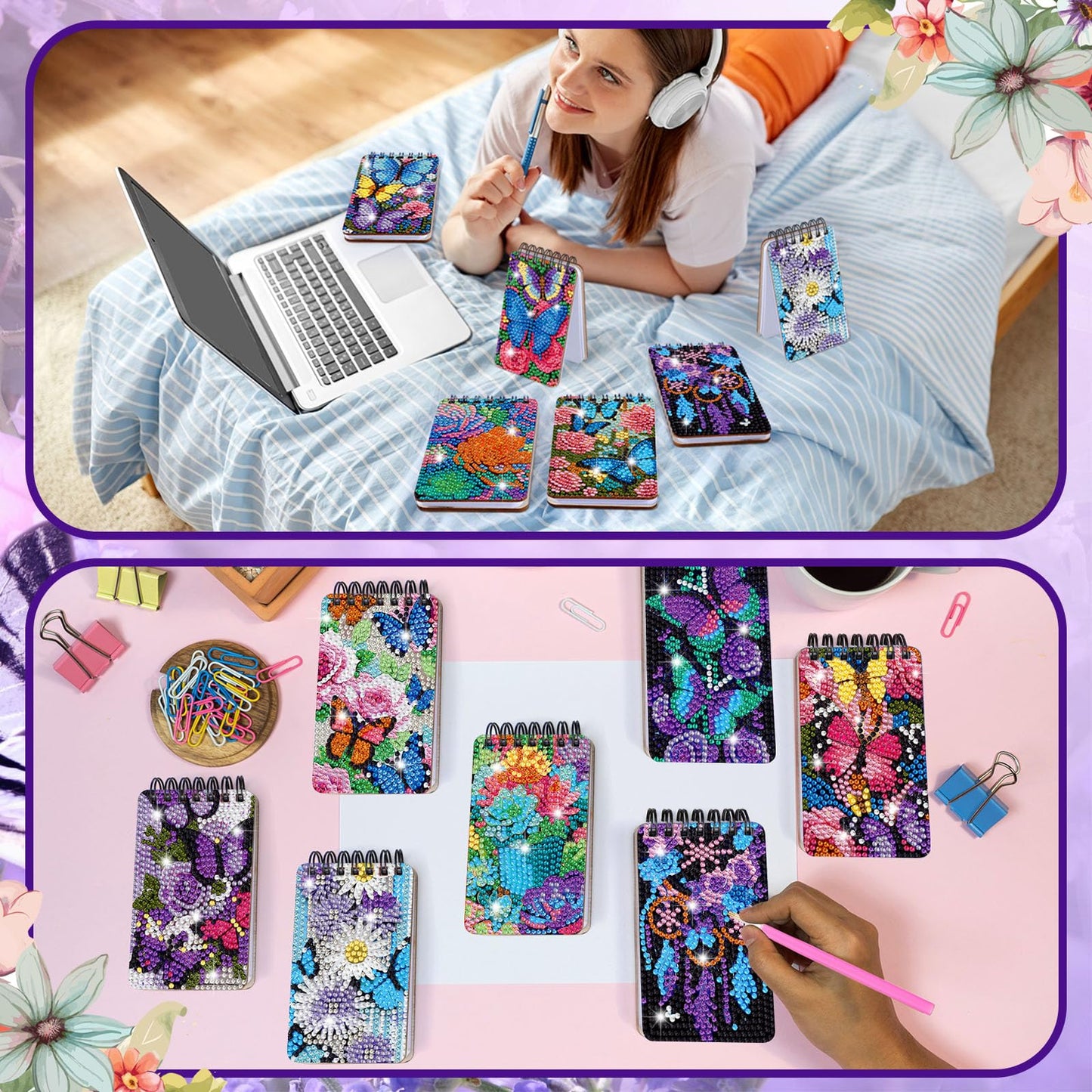 Fuyoooo 12 Pcs Diamond Painting Notebook DIY Cover Notebook Diamond Art Kits Notepad 5D Journal Art Accessories for Adults Crafts Sketchbook with Tools Gift(12 Pcs,Flower Butterfly)