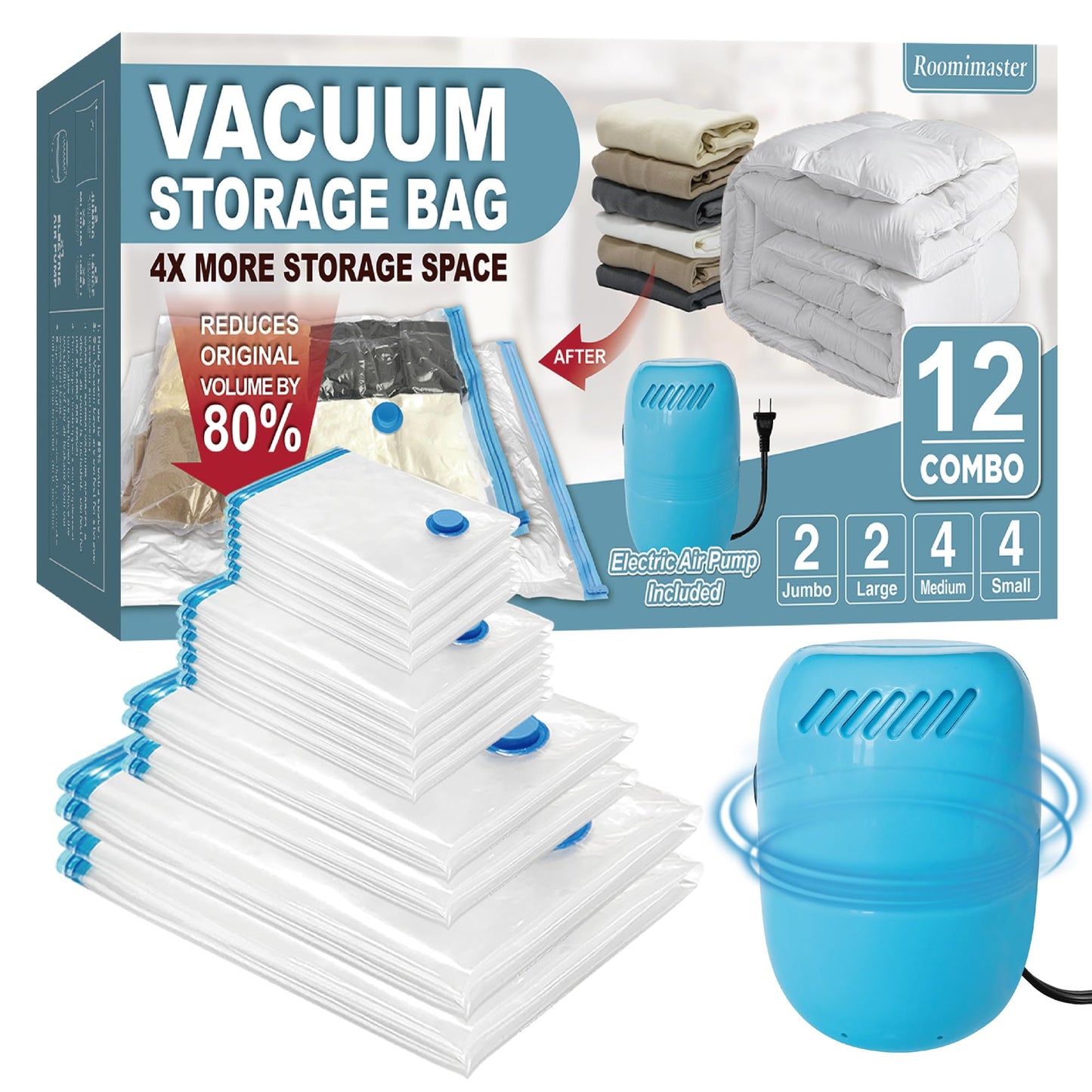 Vacuum Storage Bags with Electric Pump, 12 Combo (2Jumbo/2Large/4Medium/4Small) Space Saver Bags Vacuum Seal Bags with Pump, Space Bags, Vacuum Sealer Bags for Clothes, Comforters, Blankets, Bedding