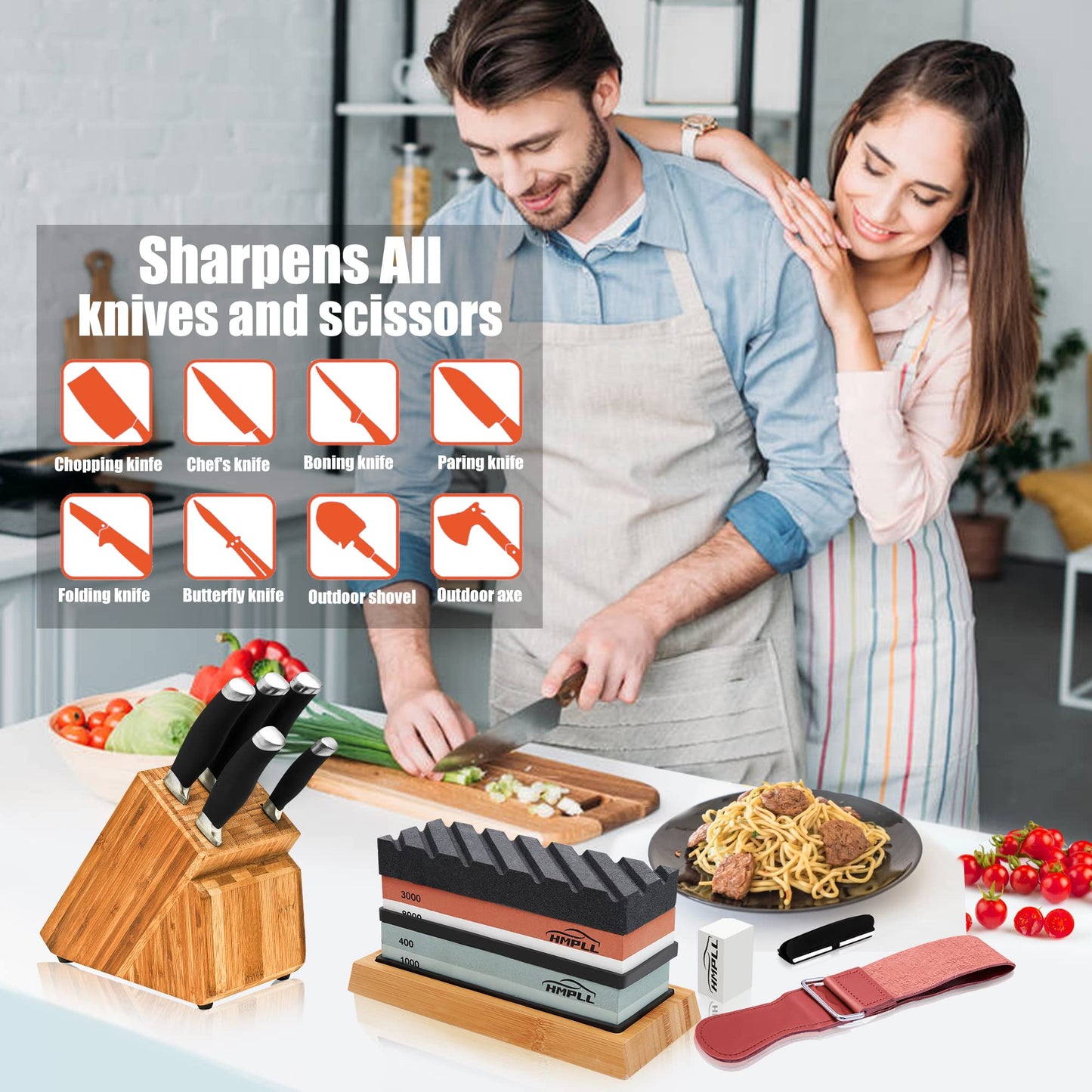 HMPLL Knife Sharpening Stone Set, Professional Whetstone 4 Side Grit 400/1000 3000/8000, Whetstone Knife Sharpener Stone Set Include Non-slip Base, Leather Strop, Flattening Stone & Angle Guide