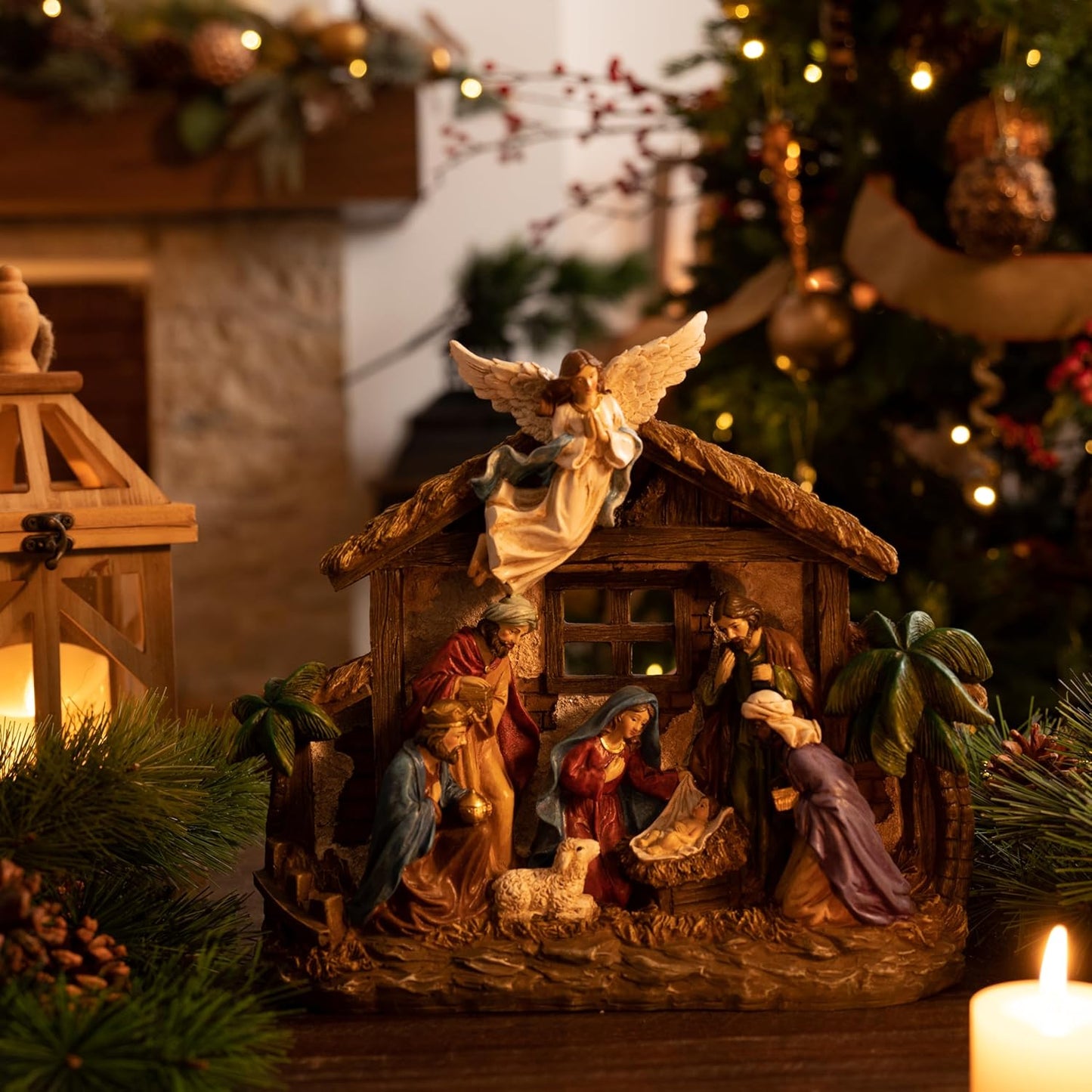 Valery Madelyn Christmas Nativity Figurines - LED Lights Holy Family Set | 10.6 Inch Resin Manger for Holiday Decor