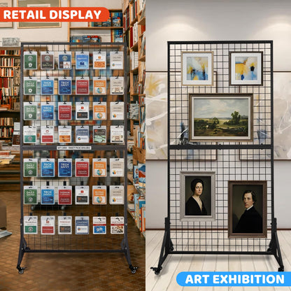 2 Packs 3' x 6' Grid Wall Panels Display Stand with Wheels, Heavy Duty Wire Grid Wall Rack for Retail, Craft Fairs & Art Shows, Mobile Floor Standing Fixture with 20 Hooks, Black