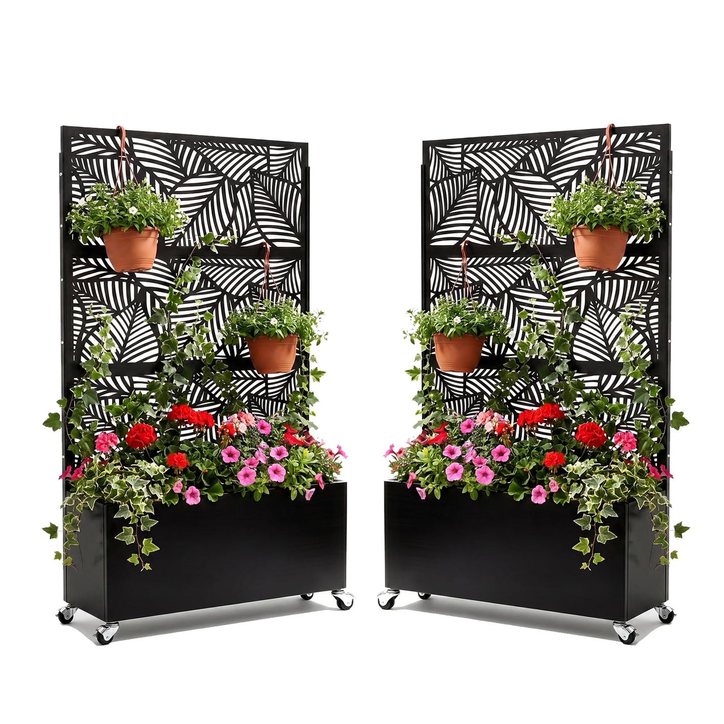 Veemuaro Metal Planter Box with Trellis, 70" H × 46" L Freestanding Outdoor Raised Garden Bed with Privacy Screen, Wheels and Drainage Holes, Leaf Privacy Screen Planter Box for Garden, 2PCS