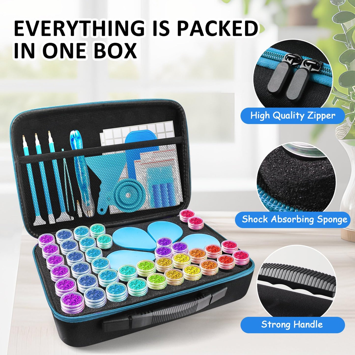 Aicmerk 60 Slot Diamond Art Storage Containers, Portable Diamond Painting Organizer with Tools, Leak Proof Bead Storage Container for Craft Supplies and DIY Art Accessories