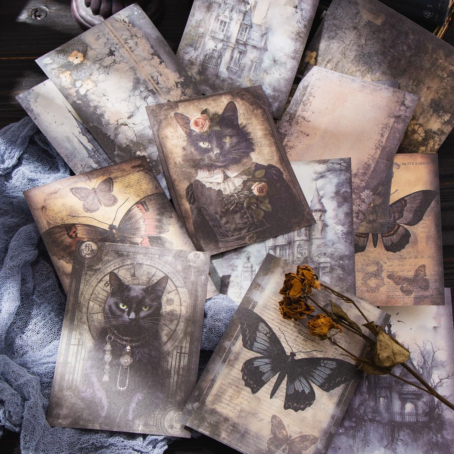 180 Sheets Dark Fantasy Gothic Vintage Cat Rose Decoupage Paper for Scrapbooking, Collage Art Projects, Antique Graveyard & Haunted Castles, Vintage Halloween Junk Journal Craft Paper