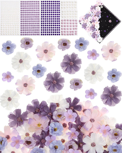 Giegxin DIY Graduation Cap Decorations Kit - 160 Mini Faux Flower Heads & 6 Pearl Rhinestone Stickers, Artificial Fabric Flowers for DIY Grad Hat Topper, Wedding Garland & Crafts(Purple Series)