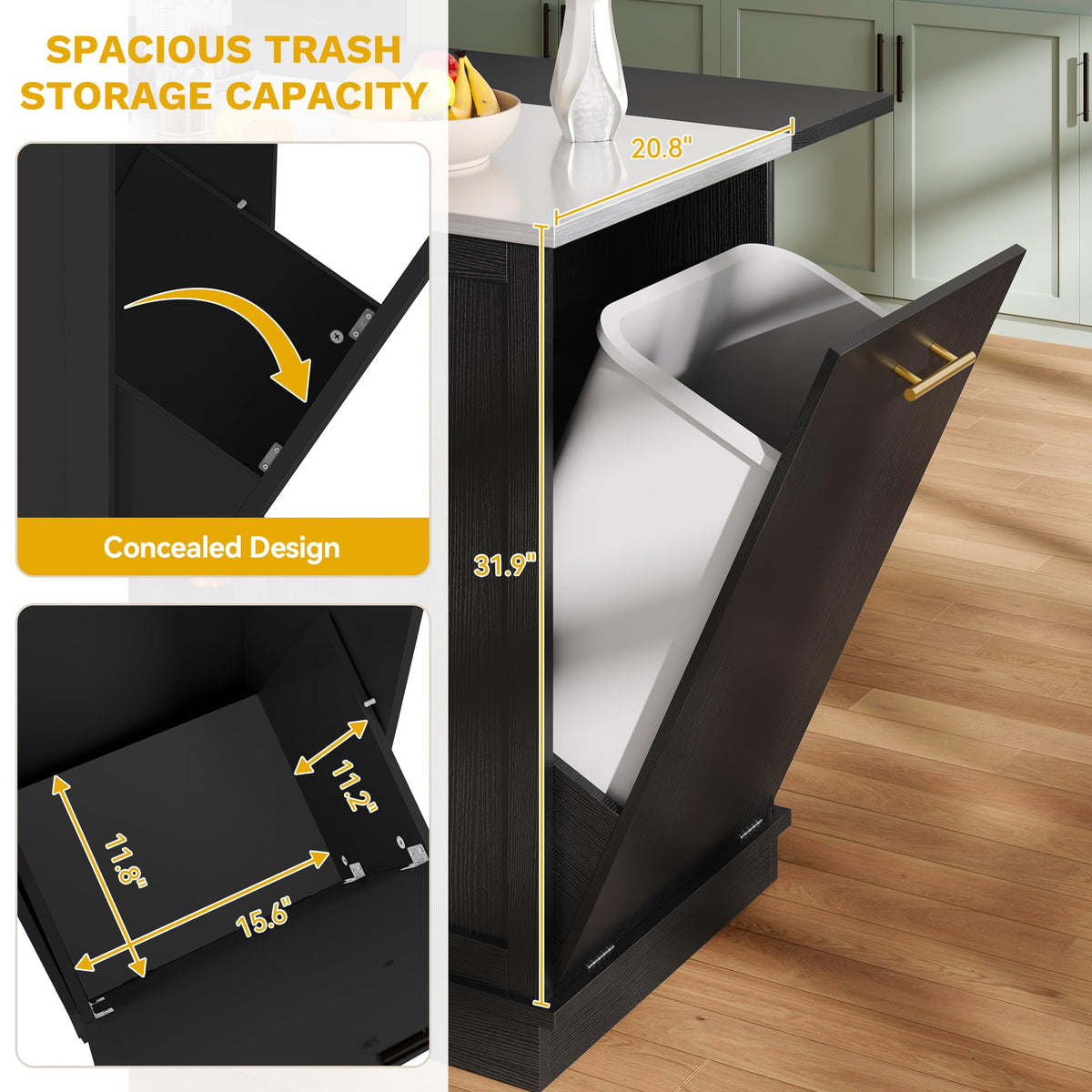 DWVO Kitchen Island with Seating and Stainless Steel Countertop, 47'' Rolling Garbage and Recycling Island with Folding Drop Leaf, Tilt-Out Trash Cabinet for 13-Gallon Bin, 2-Tire Spice Rack, Black