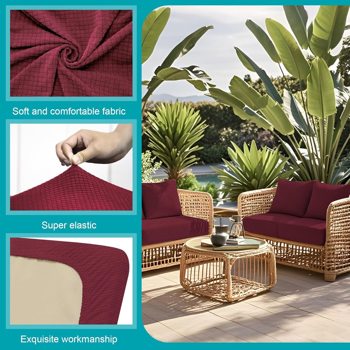 Skiennix 12-Piece Stretch Patio Cushion Covers - Washable Outdoor Sofa Slipcovers in Wine Red
