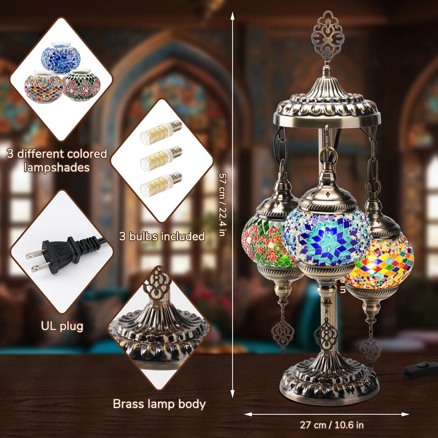 BOHMR DIY 3 Globe Turkish Mosaic Lamp Kit, 23"H Stained Glass Table Lamp Making Kit-Easy & Fun, No Experience Needed, Mosaic Art & Craft Project Kits for Adults & Teens, Make Your Own Lamp,Multicolor