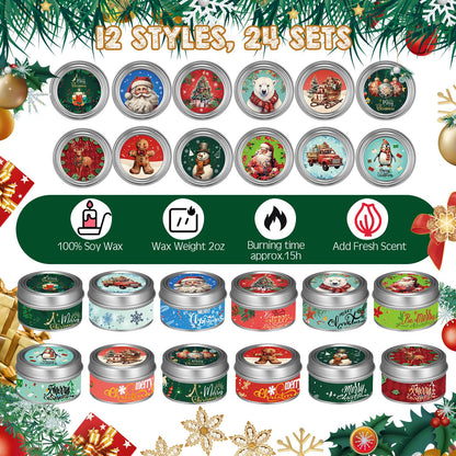 MTLEE 24 Sets Christmas Scented Soy Wax Candles Aromatherapy Candles with Organza Bag and Cards Bulk, Portable Travel Tin Candle Party Favors Christmas Gifts for New Year Home Supplies(Retro)