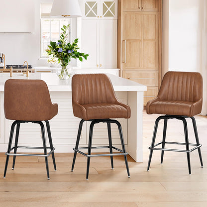 LUE BONA Counter Height Bar Stools Set of 3, 26" H Modern Barstools with Backs, Metal Frames and Brown Faux Leather Upholstered Accent Bar Stools for Kitchen Island