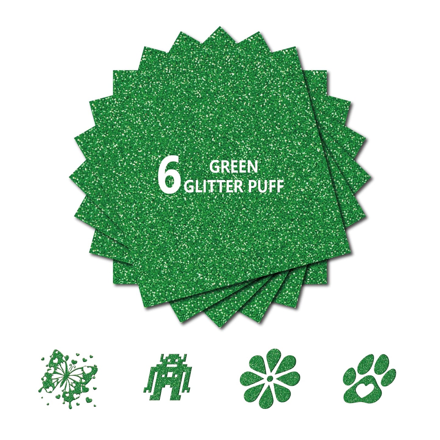 Yiwloer 3D Puff Glitter HTV, 6-Pack 12"x10" Sheets. Iron-On Vinyl for Fabrics, Compatible with Cricut & Cameo for Easy DIY T-Shirts & Crafts(Green Glitter Puff, 12" x 10")
