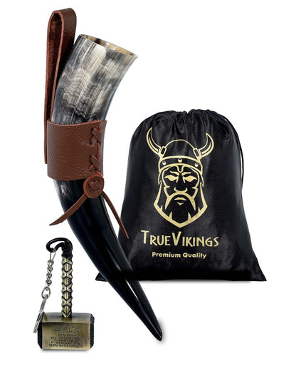 Drinking Horn — 10-12 Inch Viking Gifts for Men & Women | With Thor Bottle Opener & Stand | Handmade & Real Ox Horns | Norse Viking Cup Perfect For Beer, Ale, Mead (12 Oz) (Natural Polished)