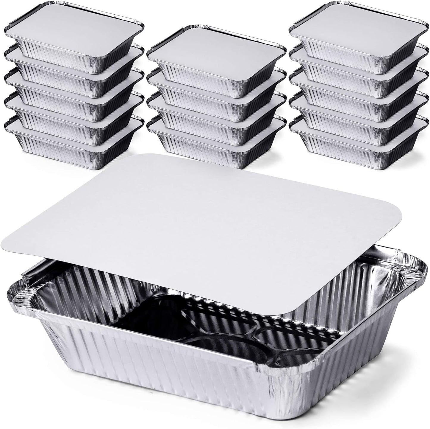 DecorRack Aluminum Pan Disposable, 14 Pack, 2.25 Lb Heavy Duty Rectangular Tin Foil Pans with Flat Board Lids