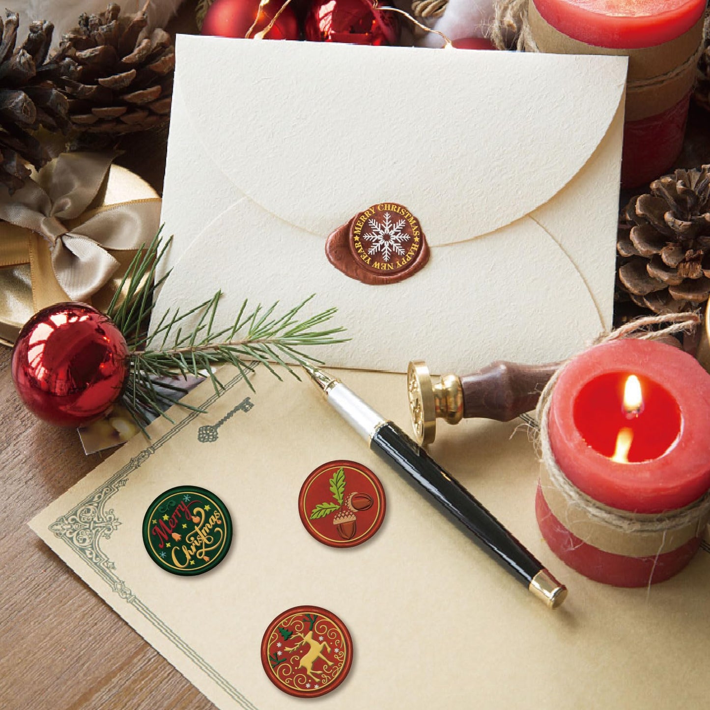 CRASPIRE 7Pcs Merry Christmas Wax Seal Stamp Set Sealing 6 Styles Stamps 25mm Heads+1Pc Wood Handle Snowflake Santa Claus Pinecones Deer for Xmas Party Envelope Invitation Cards Gift Wrapping Crafts