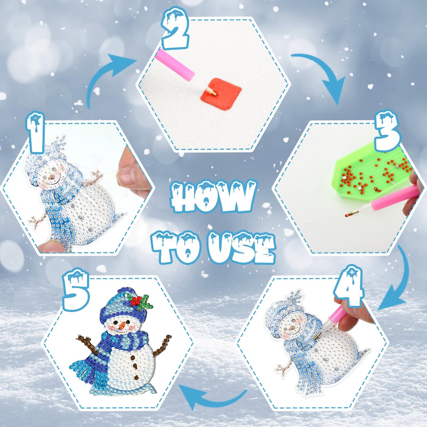 Ferraycle 12 Pcs Diamond Art Winter Ornaments Snowman Diamond Painting Kit DIY Art Keychains Winter Hanging Ornaments for Home Crafts Christmas Decorations(Blue)