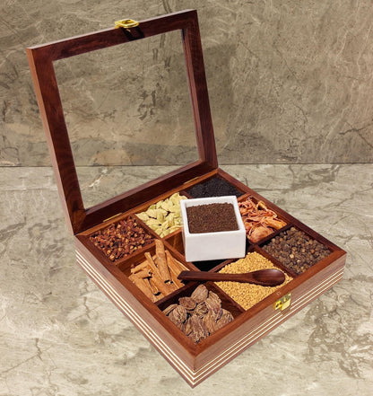 AB Handicrafts Premium Wooden Spice Box with Glass Lid – 9 Compartment Masala Organizer for Kitchen Countertop Storage