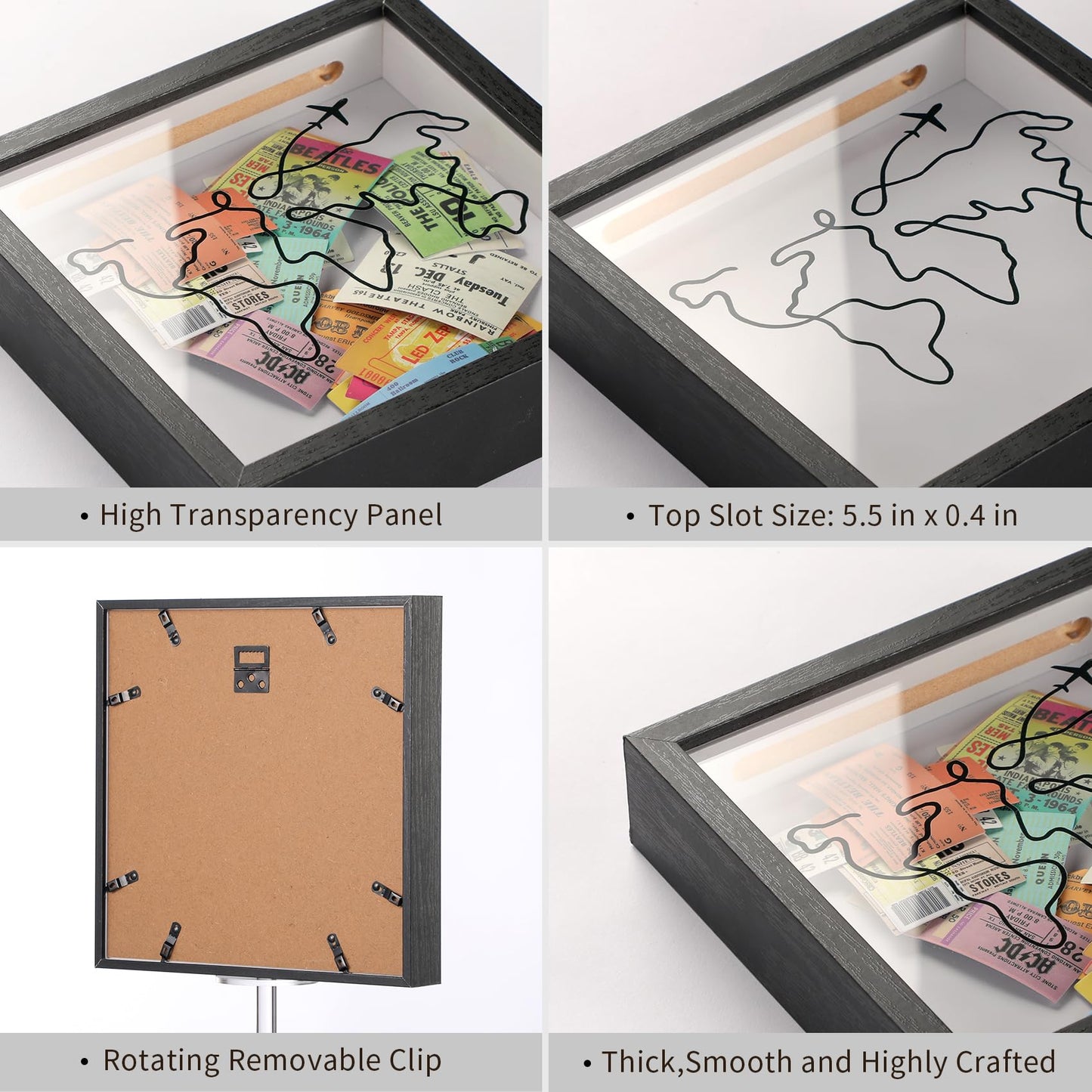 MUXIUNT Travel Adventure Archive Shadow Box for Memories,8&12Inch Concert Travel Ticket Stub Memory Top Loading Shadow Keepsake Box with Slot On Top,Life in a Shadow Box Travel Frame (Black, 12x12)