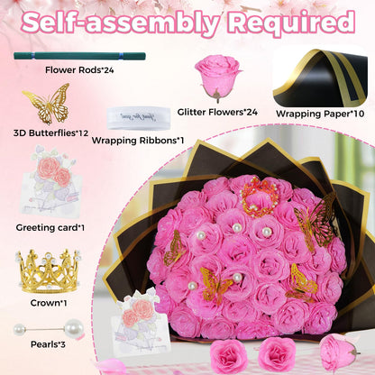 Pink Glitter Roses Bouquet, 24 Pcs Shiny Glitter Flowers Bouquet, Everlasting Artificial Roses Bouquet for Mothers Day, Birthday, Anniversary, Wedding, Engagement, Christmas