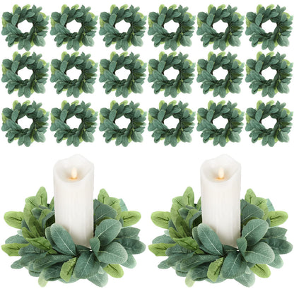 Panelee 20 Pcs Candle Rings Artificial Eucalyptus Candle Wreath Rings Greenery Leaves Boho Candles Garland Pillar for Wedding(Cute Leaf Style)
