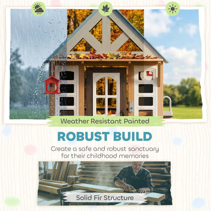 Qaba Outdoor Playhouse with Pet Door, Wooden Kids Playhouse with Play Kitchen, Mailbox, Doorbell, Birdhouse, Fence and Windows for Garden, Backyard, Indoor Playroom Pretend Play, Ages 2+, Brown