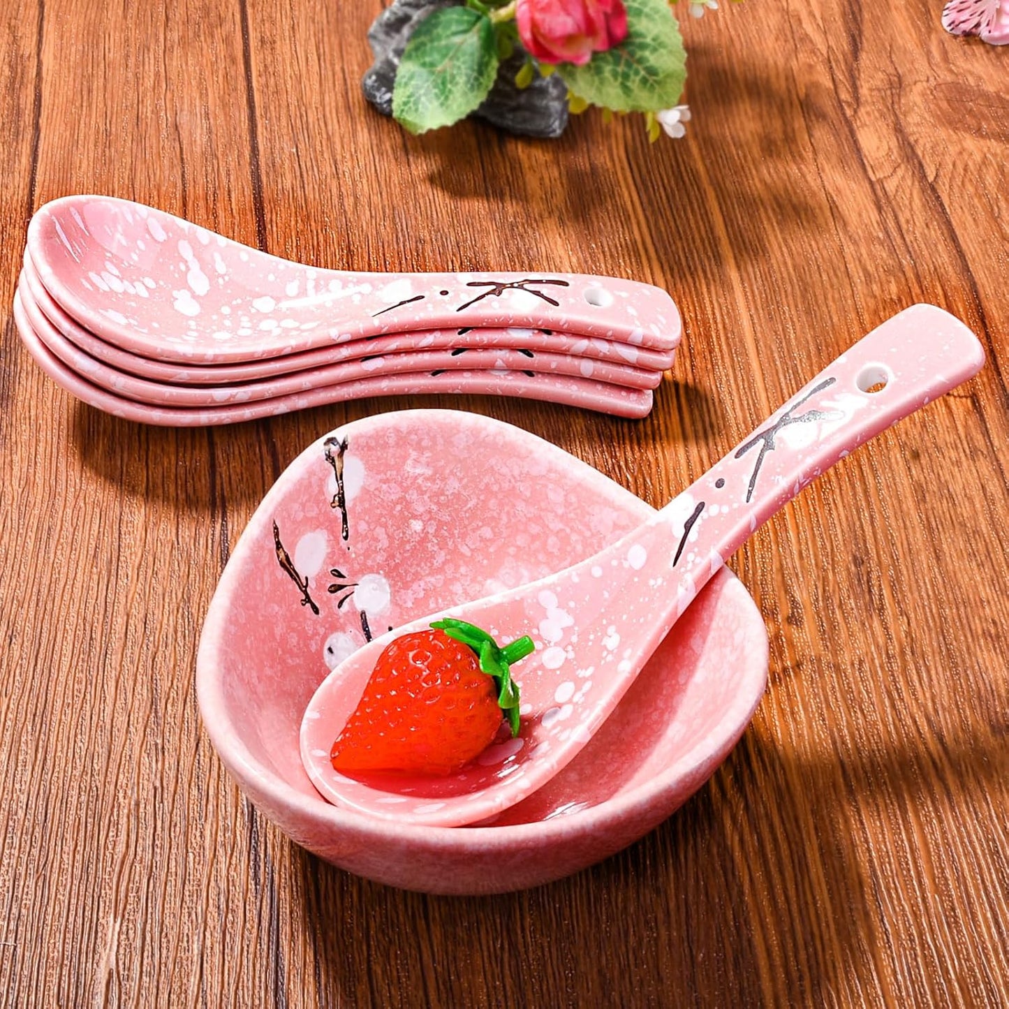 Japanese Soup Spoons Set of 5 - Pink Ceramic Spoons for Soup, Ramen, Pho, Gravy, and Dumplings