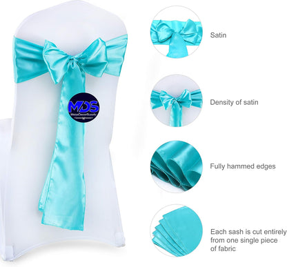 MDS Pack of 25 PCS Satin Chair Sashes, Charmeuse Sateen Dining Chair Bows, 7 x 108 Inch, Teal