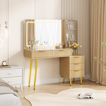 Garvee 48" Fluted Makeup Vanity Desk with Mirror and Lights, Glass Top Vanity Table with 5 Drawers, Open Shelf and Power Outlet, Modern Dressing Table for Bedroom and Living Room