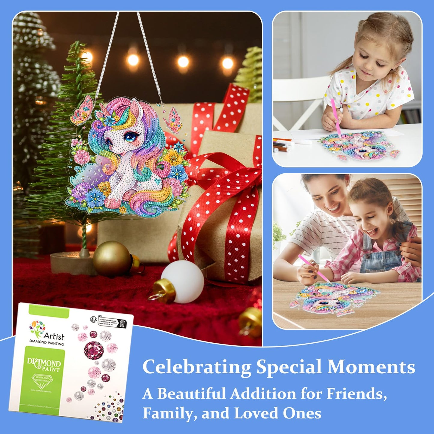 Lxmsja DIY Little Unicorn Diamond Painting Hanging Ornament, Double-Sided Acrylic Rainbow Flowers Diamond Art Kit, Special Shaped Suncatcher Hanging Pendant Window Art Kit