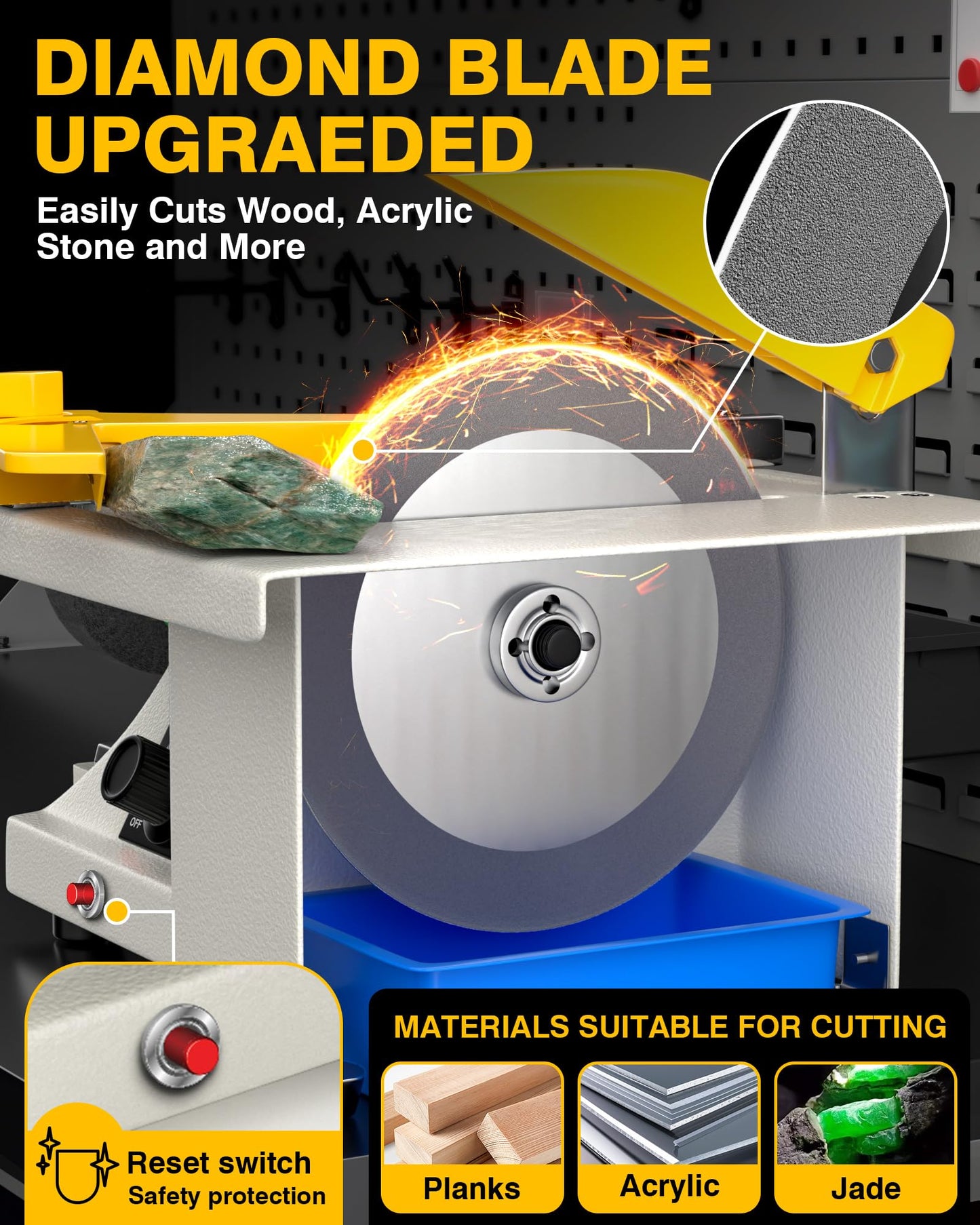 PYY Lapidary Saw - Jewelry Rock Saw w/Upgraded Diamond Blades & Woodworking Blade, 0-10000 RPM for Cutting Rocks & Polishing, DIY Art Project Lapidary Equipment, Yellow