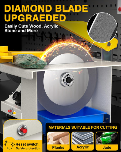 PYY Lapidary Saw - Jewelry Rock Saw w/Upgraded Diamond Blades & Woodworking Blade, 0-10000 RPM for Cutting Rocks & Polishing, DIY Art Project Lapidary Equipment, Yellow