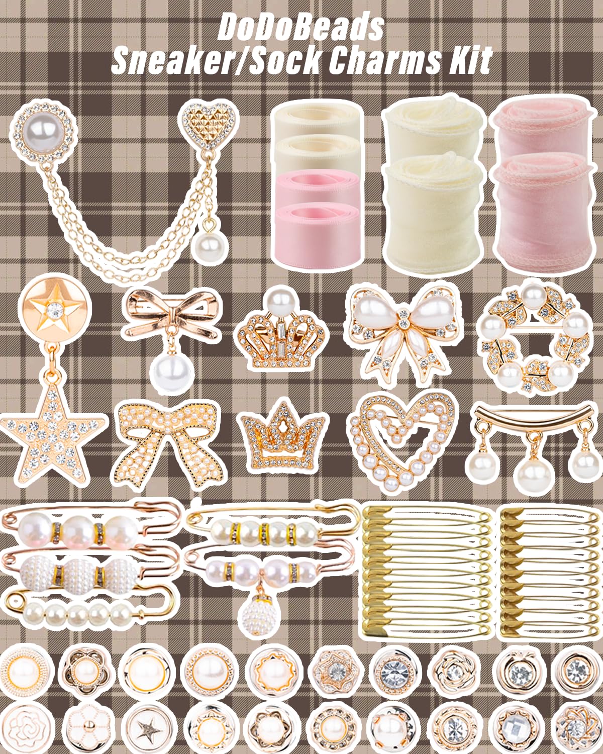 DoDoBeads 68 Pcs Shoe Charms for Sneakers, Elegant Sneaker Charms Kit with Pearls, Crowns, Ribbons & Satin/Lace Shoelaces, Sock Charm for Women, DIY Shoe Lace Decorations